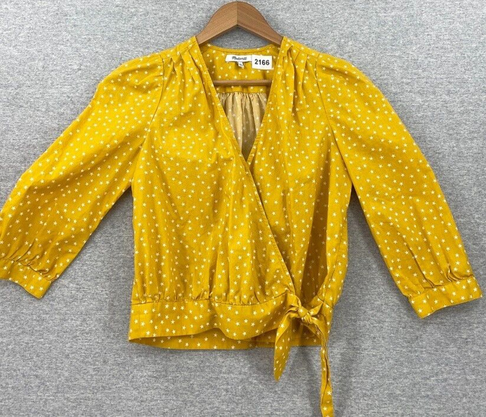Madewell Blouse Womens Extra Small Yellow Star Scatter Wrap Cropped Top Cotton